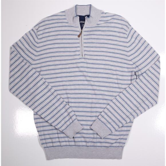 Johnnie-O Gray Striped Cotton Silk Knit Quarter 1/4 Zip Pullover Sweater Medium - Picture 1 of 7